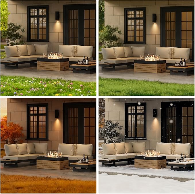 homary Patio Conversation Sets with Fire Pit-Modular Outdoor Sofa Aluminum & Teak Outdoor Sofa Se with Glass Wind Guard Ideal for Patios & Balconies, 6 Pepole, Beige