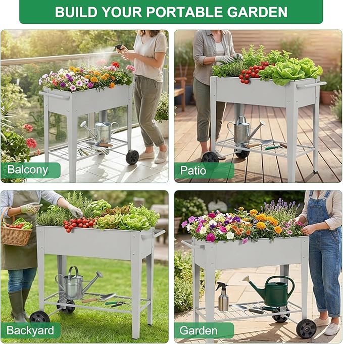 Elevated 32" Tall Raised Garden Bed with Legs and Wheels for Mobility, Metal Planter Boxes Outdoor with Shelf, Raised Bed for Gardening Vegetables/Herbs, Backyard, Patio, Balcony, Grey