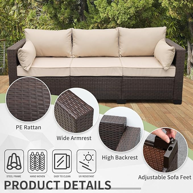 WAROOM Patio Couch PE Rattan 3-Seat Outdoor Sofa Brown Wicker Furniture Set Deep Seating with Anti-Slip Beige Cushion