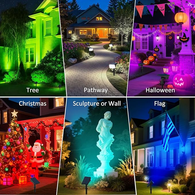 T-SUNUS RGB Solar Landscape Spotlights Christmas Outdoor IP65 Waterproof Color Spot Lights Auto Dusk to Dawn Landscaping Wall Light for Tree Yard Garden Driveway Porch Walkway Pond Halloween 2 Pack