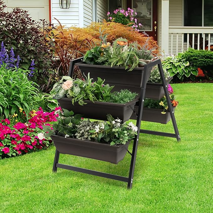 Giantex Set of 2 Vertical Raised Garden Bed, 5 Planter Boxes Container w/Drainage Holes, 31" H Freestanding Heavy-Duty Metal Frame, Indoor Outdoor Raised Bed for Vegetables Herbs Flowers to Grow
