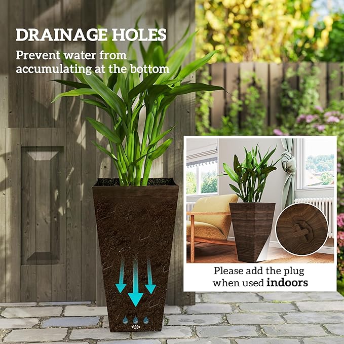 Outsunny Tall Planter for Outdoor Plants Set of 3, 28 Inch Taper Planter with Drainage Holes, Wood Grain Decor Garden Pot for Indoor Outdoor Porch Patio Backyard, Brown