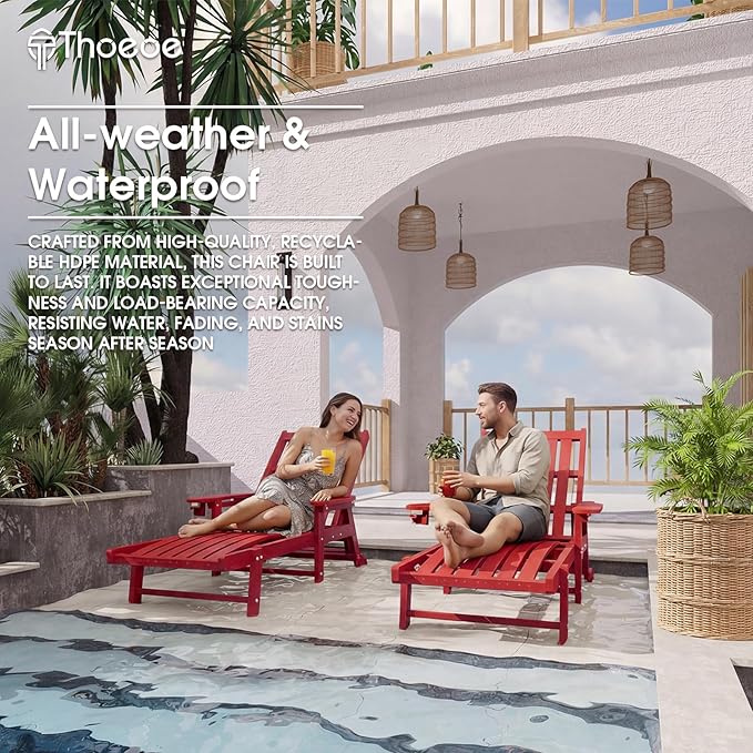 Patio Chaise Lounge Chair, Oversized Lounge Chair Outdoor with 5 Positions, HDPE, Patio Lounge Chair with Wheels & Cup Holder for Pool, Deck, Poolside,Red
