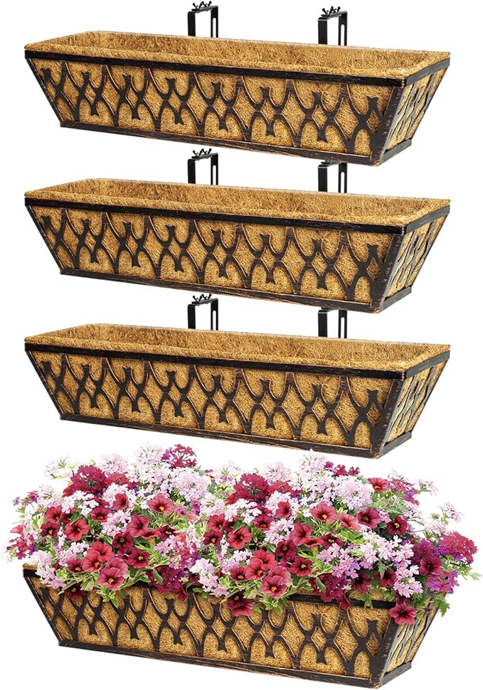 4 Pack 24 Inch Window Boxes Planters Railing Planter Box with Adjustable Brackets for Porch Fence Patio Balcony Hanging Flower Baskets with Coco Liners for Outdoor Garden Decor - Bronze