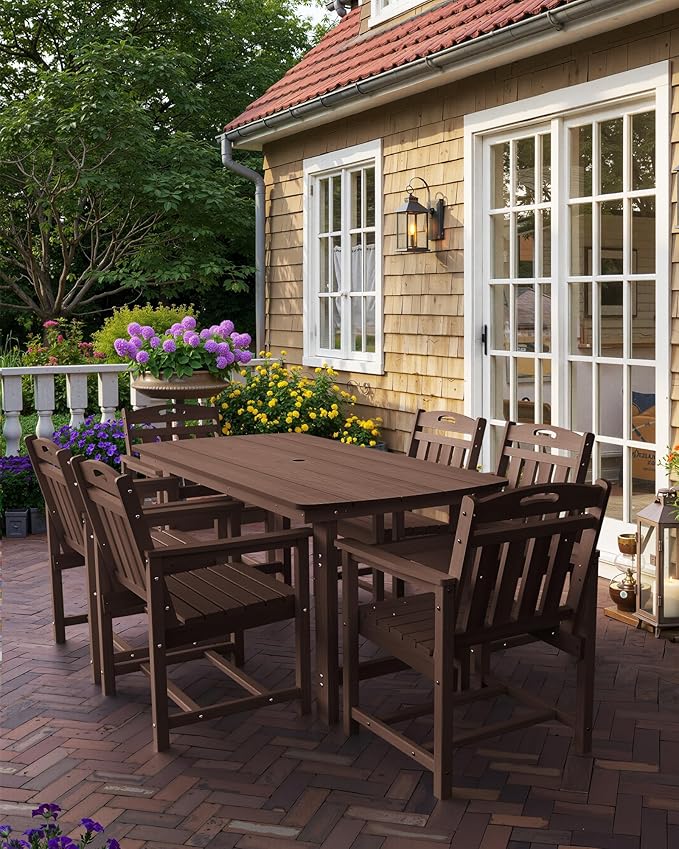 Outdoor Rectangle Dining Table, Heavy-Duty HDPE Table for 6, Weatherproof Patio Table with Umbrella Hole, Rounded Corners for Safety, Brown