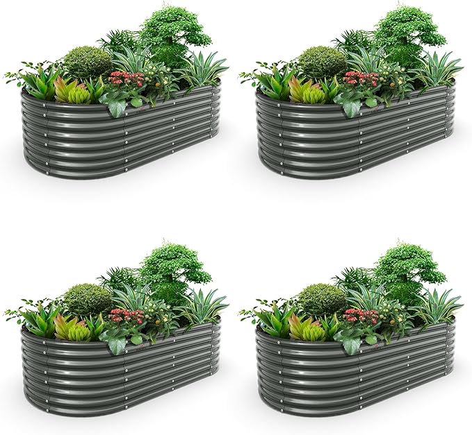 A ANLEOLIFE 4-Set 8X4X2 ft Galvanized Raised Garden Bed Kit, Oval Metal Deep Root Planters for Outdoor Plants, Quartz Grey