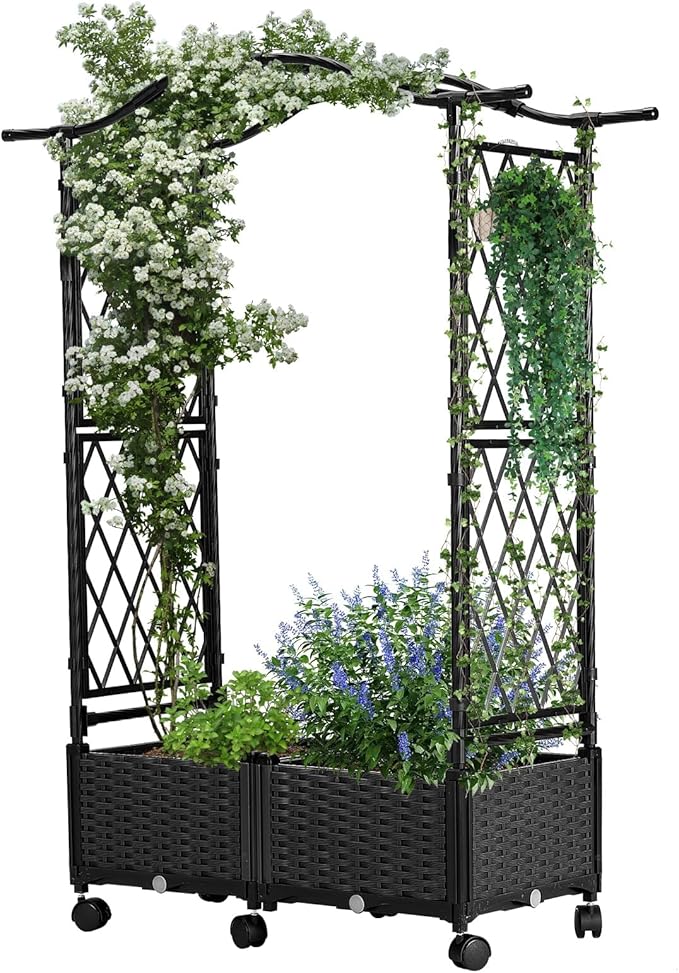 Planter Box with Trellis Outdoor, Plastic Raised Garden Bed Trellis Planter Box with Wheels and Drainage Hole for Patio Balcony Backyard Indoor Flower Vegetable Tomato, Black