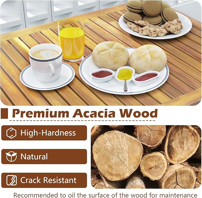 Tangkula 3 Piece Patio Bar Table & Chairs, Outdoor Acacia Wood Bar Set w/Slatted Seat & Tabletop, Wood Dining Bar Set w/Backrest, Armrests & Footrest for Backyard, Poolside, Balcony