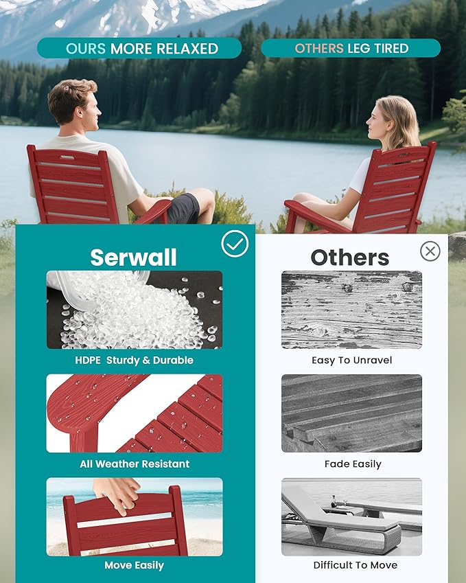 SERWALL Outdoor Rocking Chair Set of 4, Oversized HDPE Patio Rocking Chair with Footrest for Adults, All Weather Porch Rocker for Deck Patio Balcony, Red