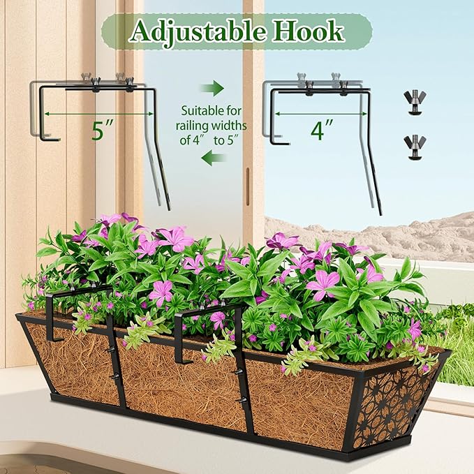 SPECILITE 30" Window Boxes Planters, Heavy Duty Metal Railing Planter Boxes, Adjustable Balcony Planters for Railing Hanging, with Coco Liner & Tool Set for Deck, Porch, and Patio Gardening (6 Pack)