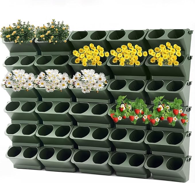 30 Set 60 Pocket Vertical Stackable Wall Planters Kit Outdoor Self Watering Plastic Planter Grow Hang Mount System for Strawberry Flower Vegetable Home Fence Balcony Wall Decor