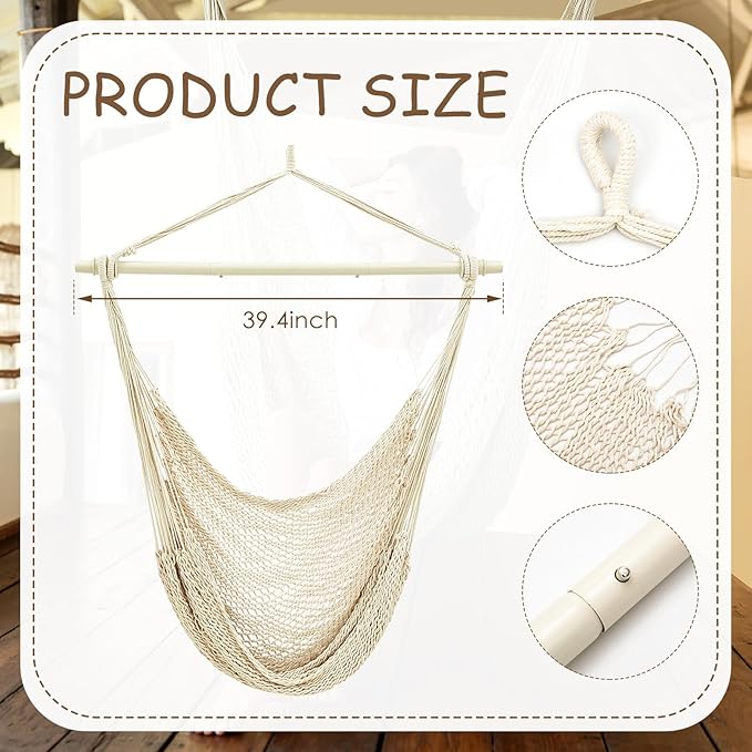 Barydat 2 Pcs Hanging Hammock Chair Boho Swing Chair Indoor Outdoor Cotton Rope Weaving Chair with 40 Inch Detachable Metal Bars for Backyard Living Room Bedroom Garden(Beige)
