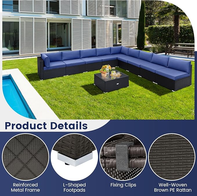 Tangkula 10 Pieces Patio Sofa Set, Outdoor Wicker Conversation Set with Soft Cushions, Tempered Glass Tabletop, Sofa Fastener Clips Included, Rattan Furniture Set for Backyard, Poolside (Navy)