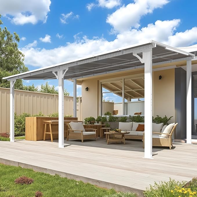 AECOJOY 16' x 10' Gazebo White Outdoor Pergola for Patio, Large Wall-Mounted Hard Top 10x16 Lean to Metal Gazebo Shelter Pergolas and Gazebos Clearance with Patio Roof, Heavy Duty Awnings for Backyard