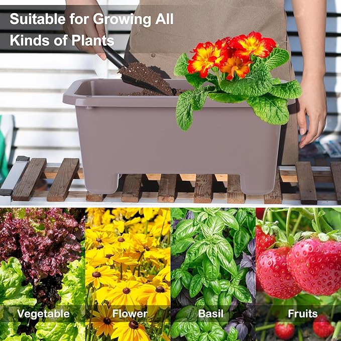 Self-Watering Rectangle Planter Boxes 8-Pack, 15.7-Inch Window Box Planter with Drainage Holes & Trays, Pots for Vegetables, Herbs, Flowers, Garden Windowsill Balcony (Coffee)