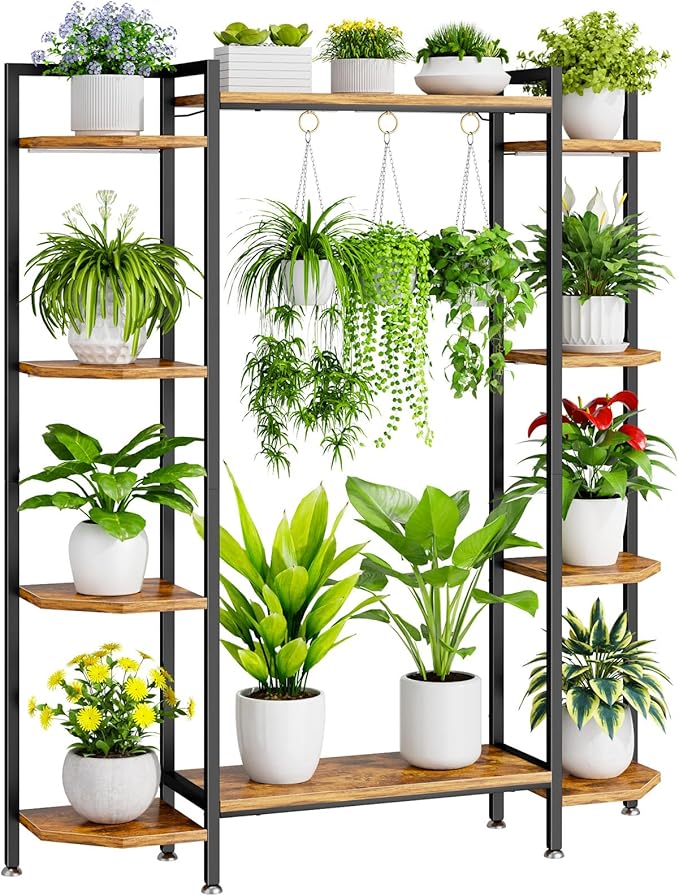 C1 Plant Stand Indoor with 6 Grow Lights, 6 Tiered Large Metal Plant Stand, 55 Inches Tall Plant Shelf with Hooks, Plant Holder Display Shelves for Patio, Garden, Living Room, Balcony