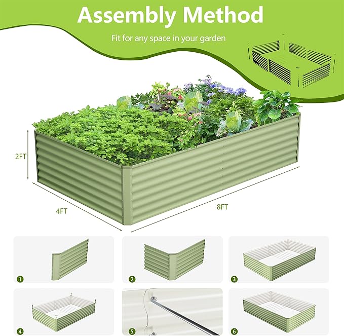 8x4x2FT Galvanized Raised Garden Bed,Galvanized Planter Boxes Outdoor, Large Metal Raised Garden Beds for Vegetables-Green