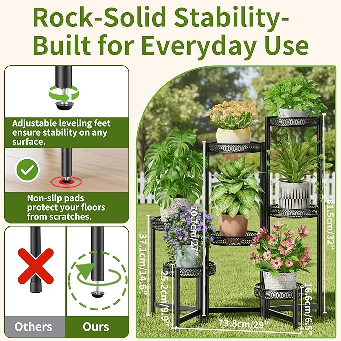 Plant Stand Indoor Outdoor, 7 Tier Large Plant Stand with 7.9-Inch Wide Drainage Tray, Tiered Corner Metal Iron Flower Display Holder Shelf, Folding Tall Rack for Patio Balcony Porch - BlackFlower