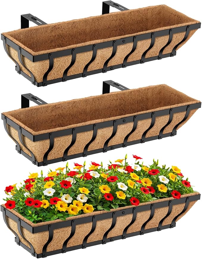 Railing Planter Boxes, Heavy Duty Window Box Planters, Adjustable Balcony Planters for Railing Hanging, with Coco Liner & Support Rod for Deck, Porch, and Patio Gardening (3 Pack, 30 Inch)