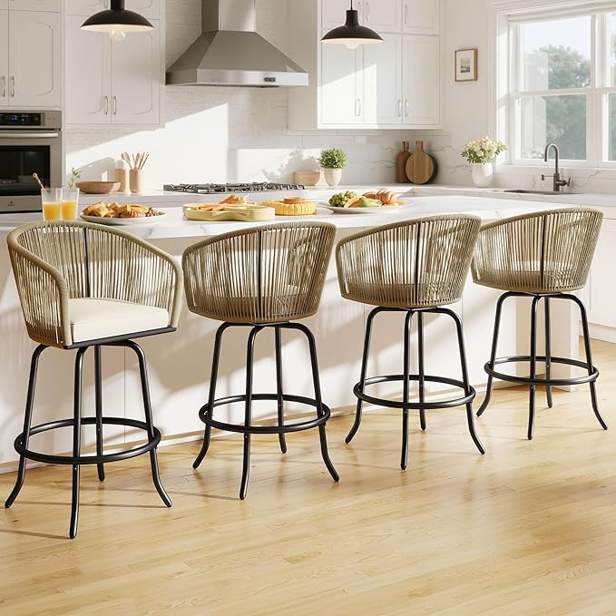 DWVO Outdoor Counter Height Bar Stools Set of 4, Patio Swivel Bar Chairs with Soft Cushions, 360° Rotation, Bar Height Rattan Chairs for Backyard, Poolside, Garden, Beige