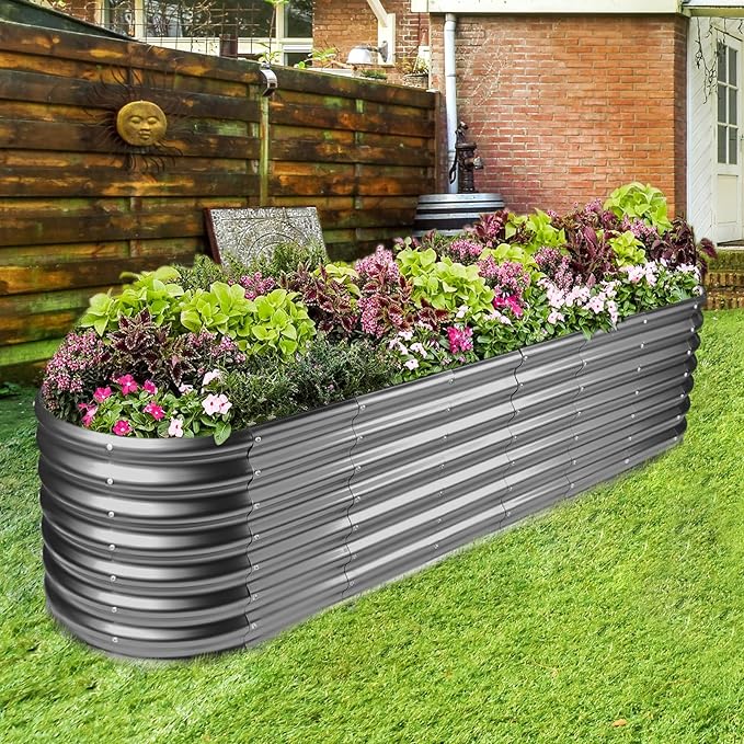 Land Guard 8×2×2ft Galvanized Raised Garden Bed Kit, Raised Garden Boxes Outdoor, Oval Metal Raised Garden Beds for Vegetables, Modern Grey