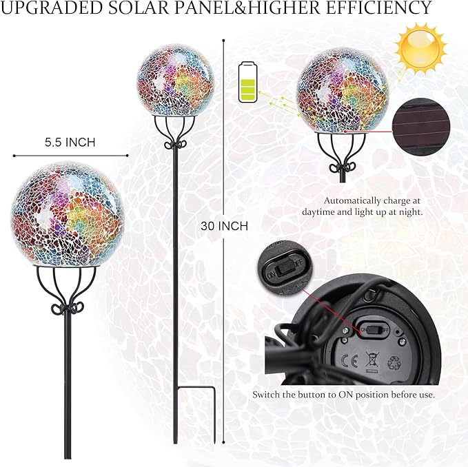 VCUTEKA Solar Outdoor Lights Garden Decor Mosaic Solar Garden Lights Waterproof Glass Ball LED Pathway Stake Light for Landscape Lawn Patio Yard Decoration 6 inch, Purple
