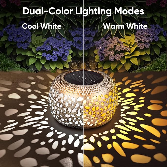 Solar Lanterns Outdoor Waterproof: 2 Pack White Gold Hollow Out Metal Solar Lights - 2 Lighting Colors Outside Patio Garden Yard Porch Tabletop Decorations - Unique Gifts for Women Mom Wife