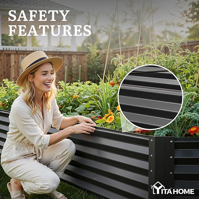 YITAHOME 2pcs 8x4x1.5 ft Galvanized Raised Garden Bed Kit, Large Metal Planter Box with Gloves, Safety Rubber & Support Rod, Outdoor Flower Bed for Plants Vegetables, Black