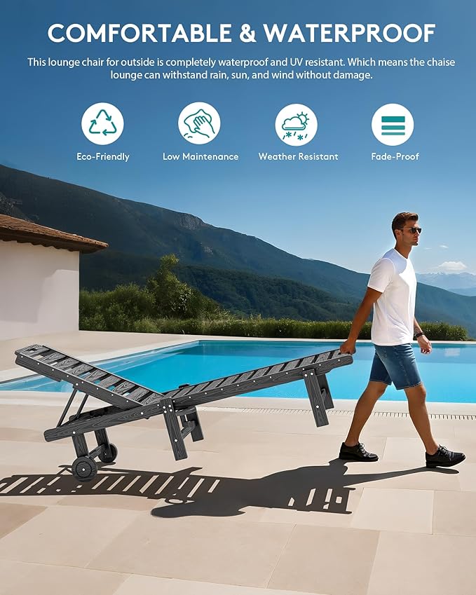 SERWALL Outdoor Chaise Lounge Set of 2 with 9FT Patio Umbrella, HDPE Pool Lounge Chair with 5-Position Adjustable Backrest, Patio Lounger with Rolling Wheels & Cup Holder for Pool, Grey