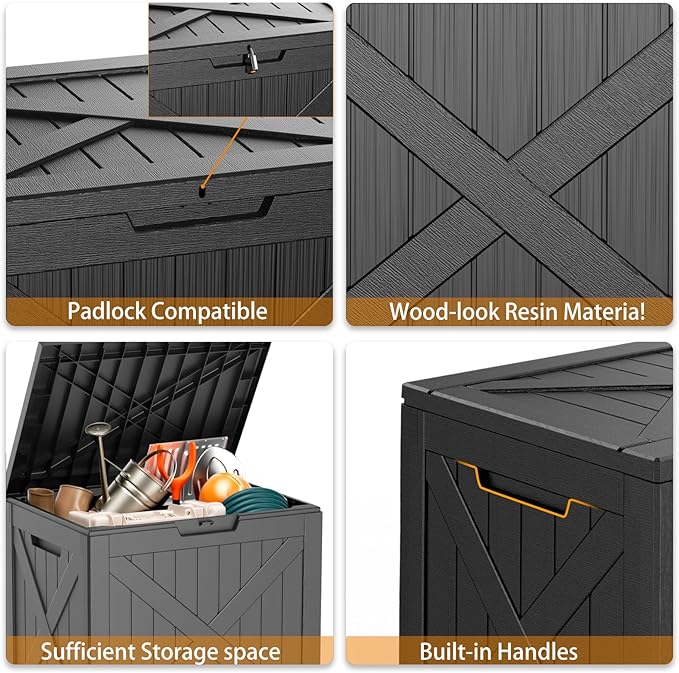 DRATO 32 Gallon Deck Box X pattern, Outdoor Storage Box for Patio Cushion, Garden Tools,Waterproof Patio Storage box, Lockable（Black，32 Gallon）