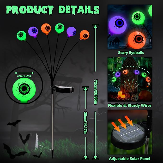 BrizLabs 6 Pack 36 LED Halloween Solar Eyeball Lights, 2 Modes Outdoor Halloween Pathway Lights, Solar Spooky Path Light Waterproof, Swaying Firefly Light for Yard Garden Lawn, Orange & Purple & Green