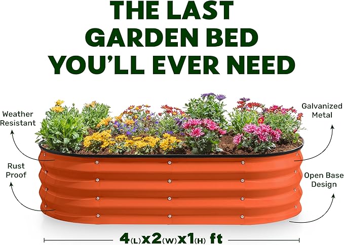 Plant & Plot Galvanized Raised Garden Beds Outdoor // 4×2×1 ft Planter Raised Beds for Gardening, Vegetables, Flowers (Orange) // Large Metal Garden Box