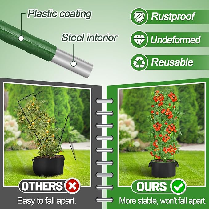 ANPHSIN 3 Sets Tomato Cages with 7 gal Grow Bags - 47'' Stable Plant Garden Planters, Flexible Vegetable Trellis for Balcony Deck Yard Tomatoes Peppers Eggplants Flowers