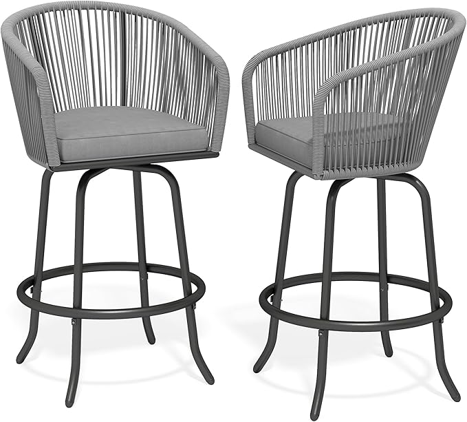 DWVO Outdoor Counter Height Bar Stools Set of 2, Patio Swivel Bar Chairs with Soft Cushions, 360° Rotation, Bar Height Rattan Chairs for Backyard, Poolside, Garden, Gray