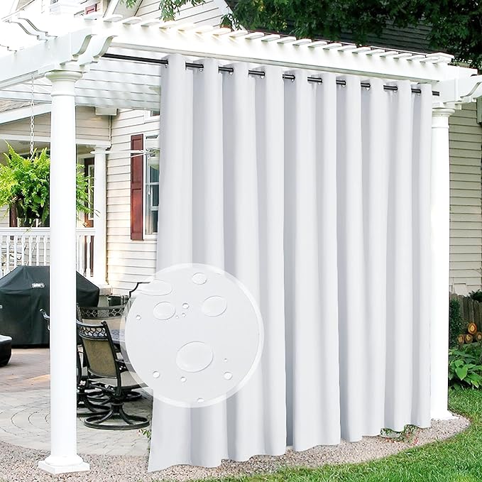 RYB HOME Extra Wide Outdoor Curtains for Patio Waterproof Heavy Duty Thermal Insulated in Summer Full Coverage Privacy for Porch, Cabana & Pool, W150 x L95, Greyish White, 1 Panel