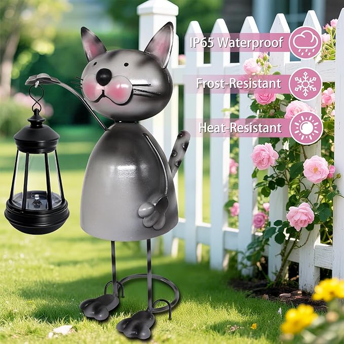 Garden Decor Cat Solar Statues,Unique Garden Statues Cat with Solar Lantern Waterproof, Birthday Gifts for Women Mom Grandma, Front Patio Balcony Yard Art Lawn Ornaments Porch Outdoor Decoration