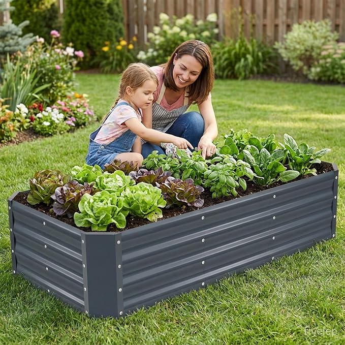 INNO STAGE 4×2×1ft Galvanized Raised Garden Bed Kit, Galvanized Planter Raised Garden Boxes Outdoor, Large Metal Raised Garden Beds for Vegetables, Flowers, Herbs, and Succulents, Grey