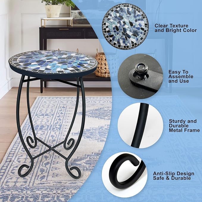 LIFFY Outdoor Side Table,12" Round Ceramic Tile Tabletop Accent Table with Metal Frame, Indoor Small Decorative Plant Stand & End Table for Home, Patio, Garden