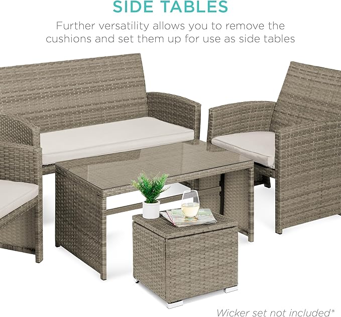 Best Choice Products Set of 2 Wicker Ottomans, Multipurpose Outdoor Furniture for Patio, Backyard, Additional Seating, Footrest, Side Table w/Storage, Removable Cushions - White Sand/Taupe