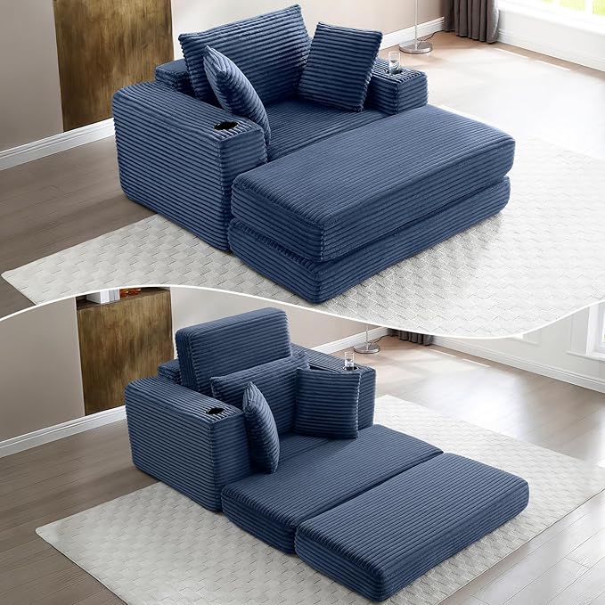 HANXIN 62" Chaise Lounge Chair Indoor, Oversized Corduroy Boneless Convertible Chaise Lounge Couch Sleeper Chair with Ottoman, Deep Seat Reading Chair, No Assembly Required (Blue)