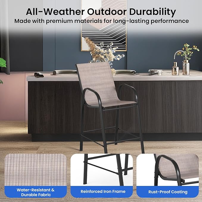 HOMREST Outdoor Bar Height Stools Set of 6,High Back Patio Chairs with Armrests,Textilene Chairs with Breathable Fabric & Metal Frame for All Weather,Taupe