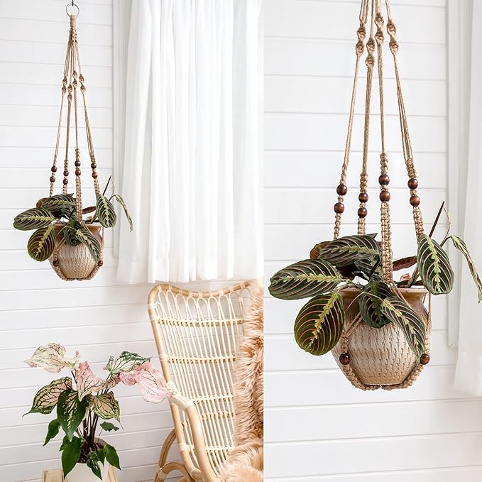 Mkono Macrame Plant Hanger Indoor Jute Hanging Planter Basket with Wood Beads Decorative Flower Pot Holder No Tassels for Indoor Outdoor Boho Home Decor 35 Inch, Brown, Set of 1 (POTS NOT Included)