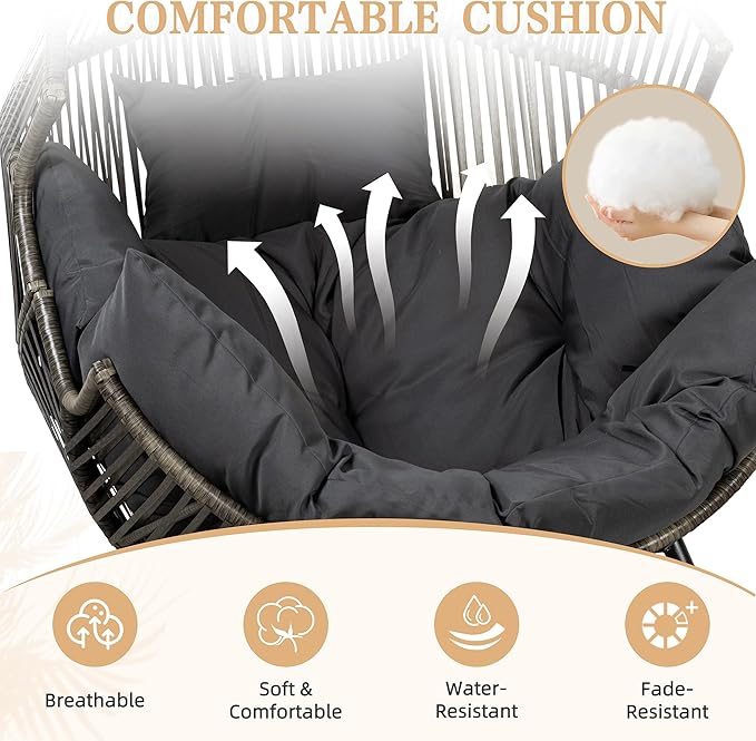Vongrasig Wicker Egg Chair PE Rattan Rocking Chair with Cushion, Oversized Patio Lounge Rocker Chair for Outdoor, Indoor, Balcony, Backyard, Garden, Black/Rattan