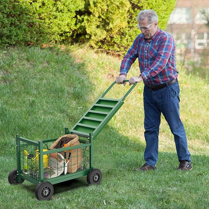 FLINTER Rolling Garden Work Seat with Wheels, Upgraded Heavy Duty Gardenning Cart with Seat - Garden Rolling Stools with Wheels for Seniors, Lawn, Patio & Backyard Gardening, Green