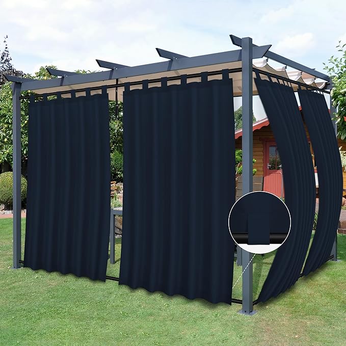 Easy-Going Outdoor Patio Curtains Detachable Tab Top Windproof Weatherproof Curtain for Cabana, Porch, Pergola and Gazebo, Tab Bottom Drape, 2 Panels, 54W x 96L inch, Navy
