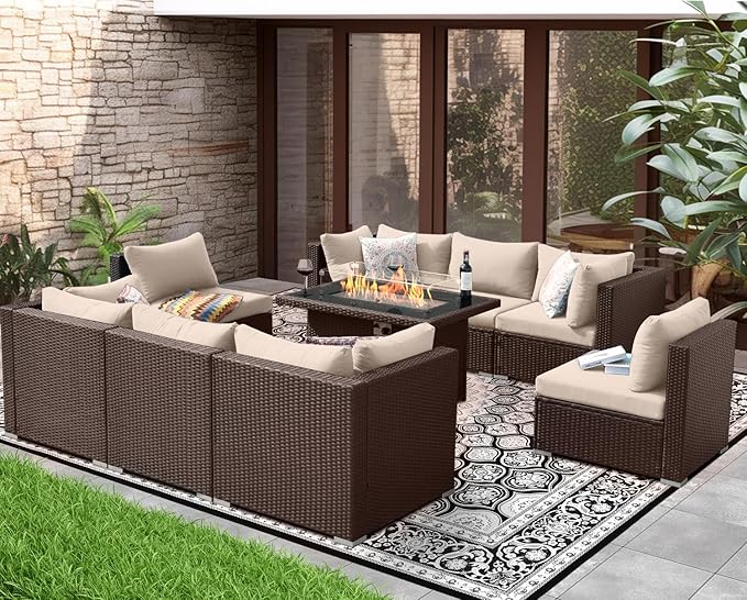 NICESOUL 9 Piece Patio Furniture Conversation Set, Extra Large Size Outdoor Rattan Sectionals with Fire Pit Table Natural Gas & Propane Convertible, 29.3'' High Back 8 Seater Deep Wide Sofa, Espresso