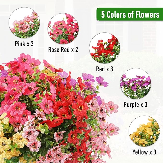 Artificial Flowers Outdoor Fake Plants, Faux Silk Flowers Plastic Plants for Outdoors Indoor Outside Front Porch Hanging Planter Window Box Garden Home Spring Decoration, 14 Pack (Mix)