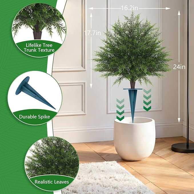 Artificial Cypress Topiary Bushes with Spike, 2 Pack Faux UV Resistant Cedar Ball Trees for Outdoor Planters, Fake Shrubs Plants for Porch Garden Decor