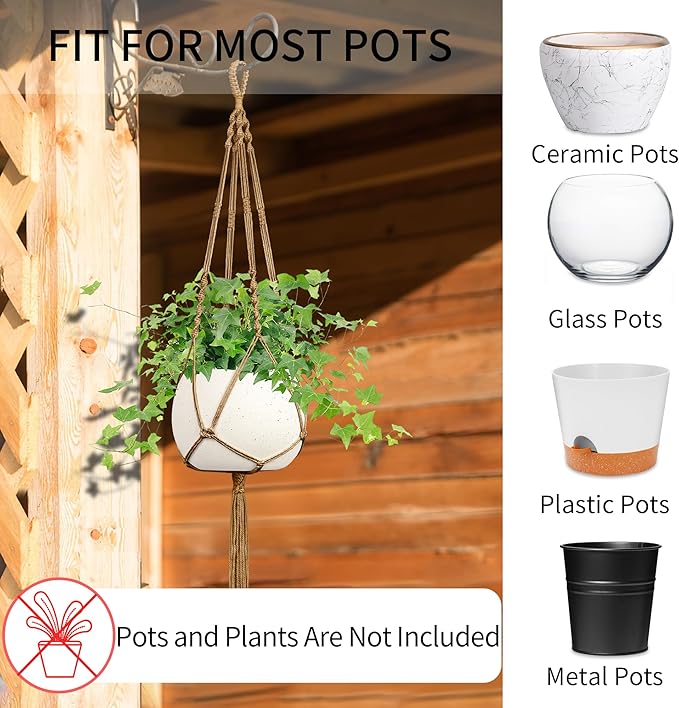 Macrame Plant Hanger - Fits 4 to 13 inches Pots for Indoor Outdoor, 34"/41"/46" 3 Sizes Set, Brown (POTS NOT Included)