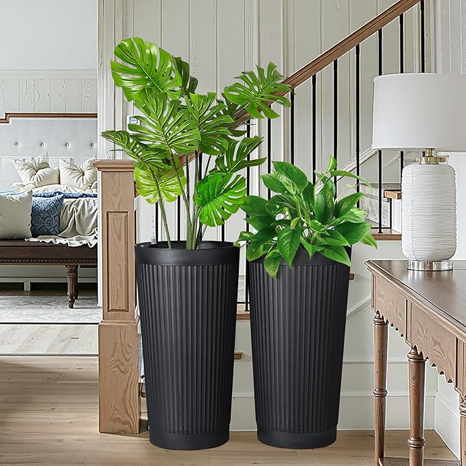 FENCY 2Pack 24IN Self Watering Planter for Indoor Plants, Plastic Large Planter for Outdoor Plants, Water Level Indicator& Spacious Reservoir Flower Planter Decorative(Black)